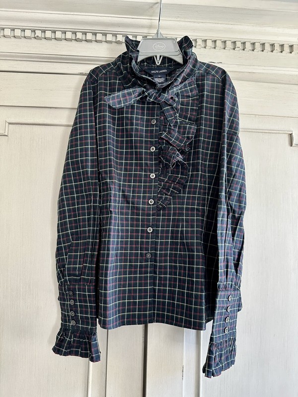 Polo Ralph Lauren Girls Shirt Plaid With Ruffles Ties in Front & French Cuffs