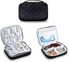 Jewelry Travel Case Organizer - Lined Quilted Velvet - Storage Dust Bag - Black