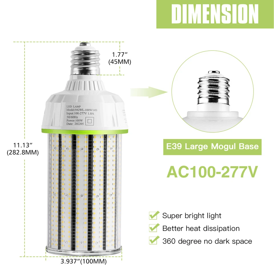 100W LED Corn Bulb E39 Mogul Base Equiv. 400W HPS/MH High Bay Corn Light 13500LM - Image 3 of 4