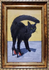 ORIGINAL Oil Painting HANDMADE Miniature Black Cat Contemporary Wall Art Animals