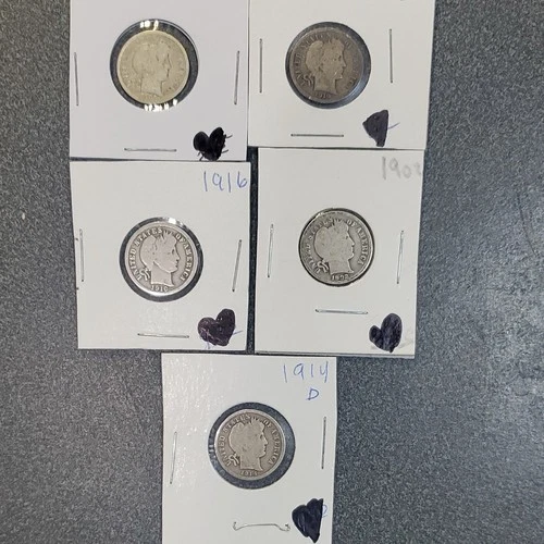 Barber Dime Silver 10C Lot of 5 Coins Mixed Dates #283