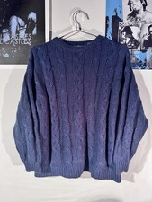 M Mens Preppy Pullover Sweater Cable Knit Acrylic Crewneck Navy Blue