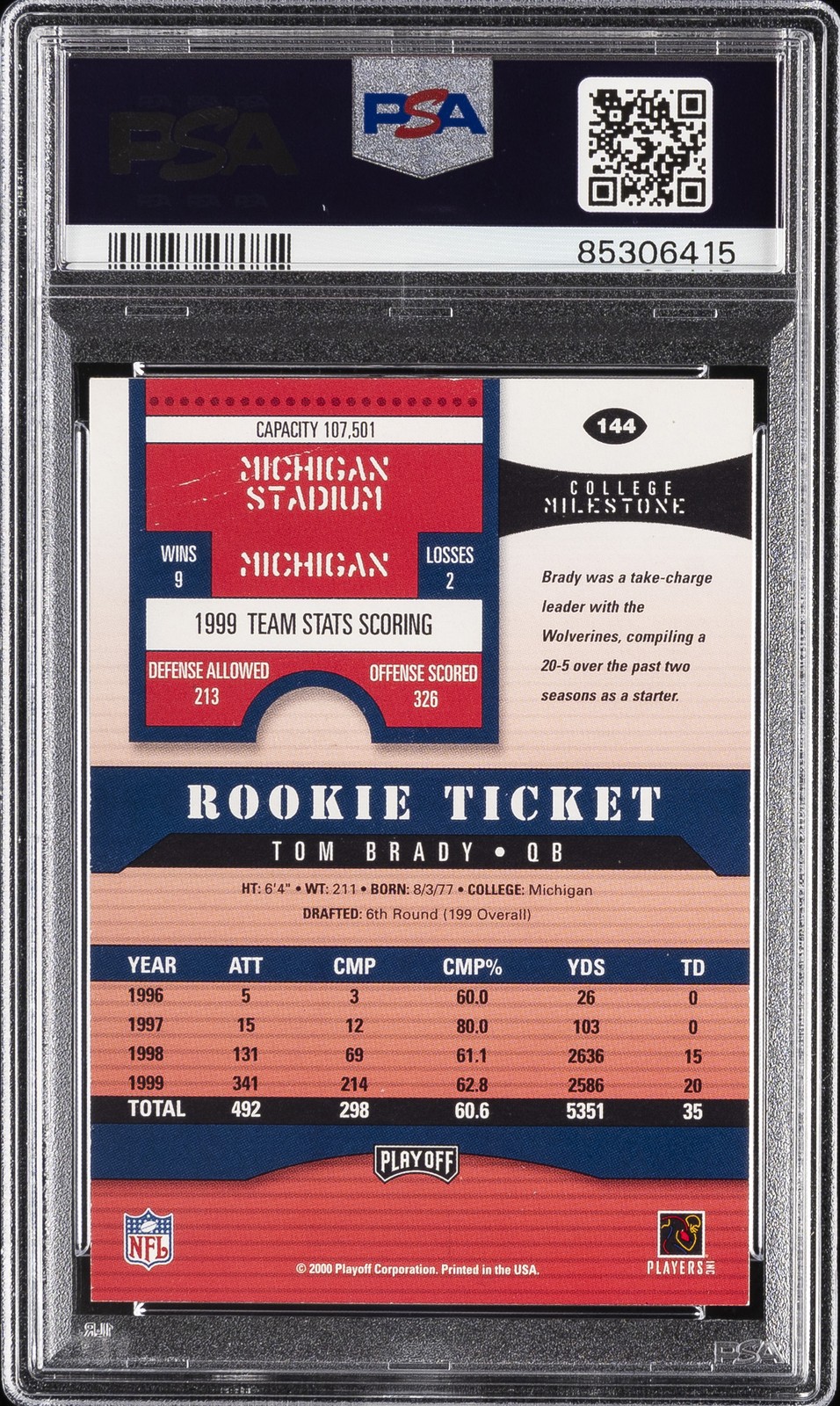 2000 PLAYOFF CONTENDERS AUTOGRAPHED #144 TOM BRADY ROOKIE RC PSA 3 AUTO 8 view 2