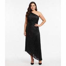 One Shoulder Black Pleated Gown 1X Plus Size Formal Wedding Asymmetric Hem NEW