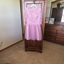 Girls Pink Lace Tulle A-Line Floral Knee Length Party Dress 3/4 Sleeve