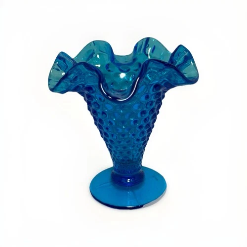 Vintage Fenton Colonial Blue Hobnail Bud Vase With Crimped Ruffle Edge 4” Tall