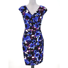 Lauren Ralph Lauren Dress Womens 4 Blue Floral Stretch Knit Side Ruched Career