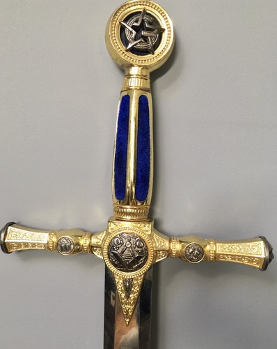Ceremonial Masonic Sword Gold Hilt Blue Velvet Stainless 44”