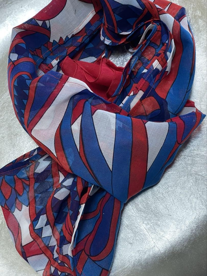 HERMES Vintage Medal Motif Scarf 100% Cotton Red Blue White