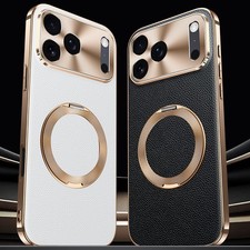 For iPhone 15/16/17 Pro Max Luxury Plating Mag Safe Phone Case 360° Ring Stand