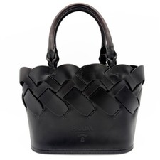 PRADA Vitello Intreccio Woven Black Leather Bucket Bag 1BG318 Pre-owned Auth