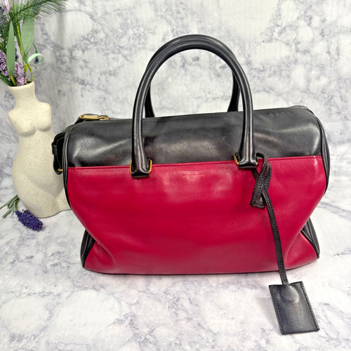 Saint Laurent YSL Pink & Black Leather Boston Speedy Crossbody Hand Bag Purse Lg