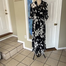 Calvin Klein Long Floral Dresses Black and White Color Buttons Up Front