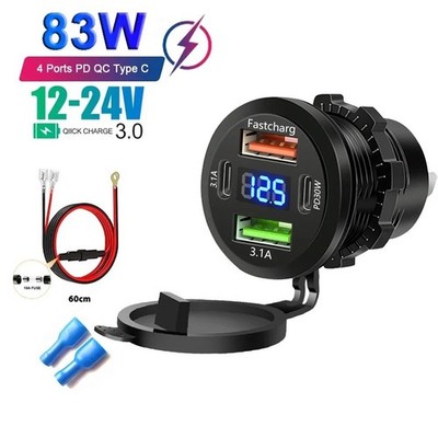 83W 4-Port Auto Ladegerät Dual USB QC3.0 + Dual USB-C PD Voltmeter 12-24V