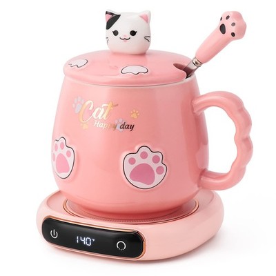 Coffee Mug Warmer & Cute Cat Mug Set Electric Beverage Cup Warmer For Desk Home