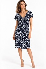Lauren Ralph Lauren Womens 8 Ruched Wrap Dress Navy White Abstract Sheath Midi
