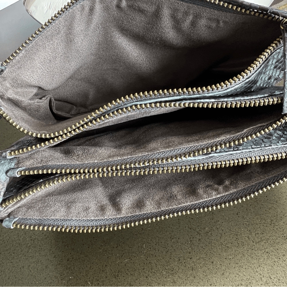 Gray Black Snakeskin python Leather Three-Compart… - image 7