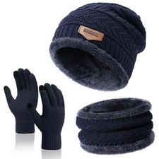 Winter Beanie Hat Circle Scarves Touchscreen Gloves Navy Blue: Hat scarf gloves