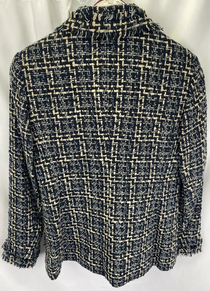 Blazer Madison Studio feminino tamanho 8 tweed preto cinza bronzeado com franjas botão para cima - Imagem 2 de 4