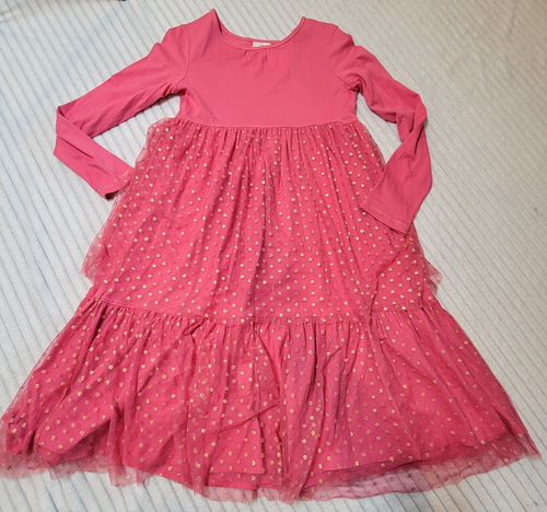 Hanna Andersson Girls Pink Tulle Glitter Polka Dots Tiered Dress sz 160 cm 14-16