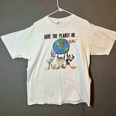 VTG Looney Tunes Hard Rock  T Adult XL White Single Stitch Save The Planet