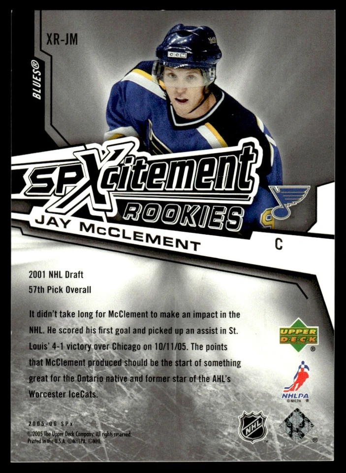 2005-06 SPx Xcitement Rookies Jay McClement /999 St. Louis Blues #XR-JM - Image 2 of 2