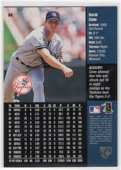 1998 Upper Deck New York Yankees David Cone #94 (A-1-5) - Image 2 of 2