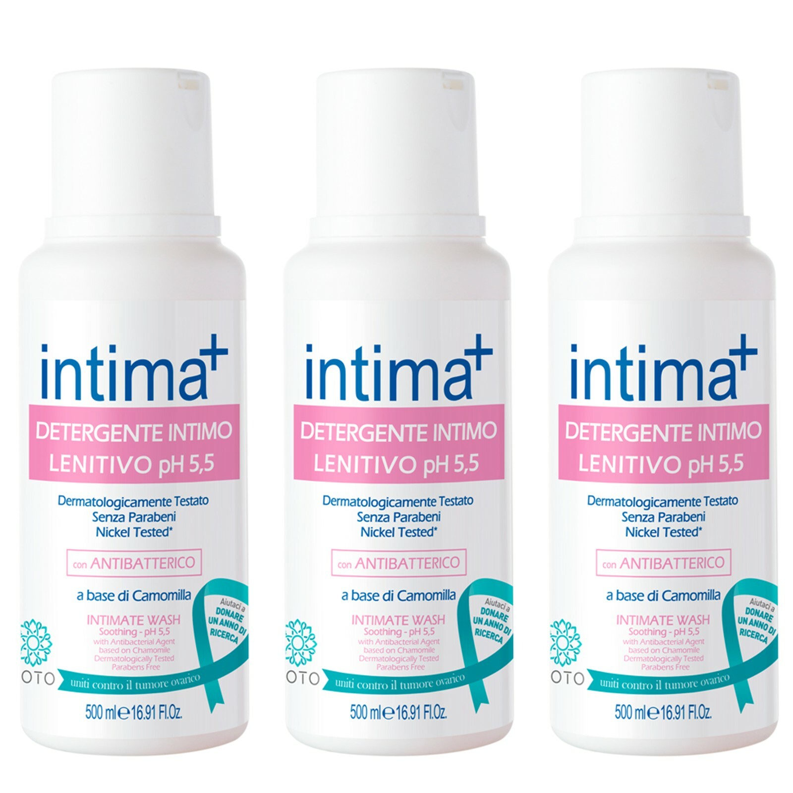 3 pz INTIMA+ DETERGENTE INTIMO LENITIVO pH 5,5 a base di Camomilla 500ml