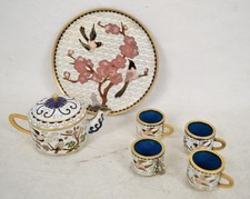 Tea Set Chinese Miniature Cloisonne 4 Cups Tray Teapot Flowers Birds