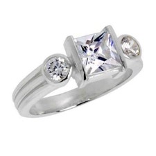 Sterling Silver 3-Stone Engagement CZ Ring w/ 7mm 2 ct Princess Cut Center CZ