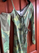 Prettylittlething Green Abstract Print Slinky Asymmetric Lace Up Dress 10