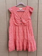 LOFT Women’s Dress Coral Embroidered Eyelet Flutter Sleeve Tiered Ruffle Sz 4 