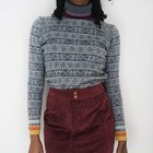 Suéter de cuello alto de lana de cordero Fair Isle XS gris azul marino antiguo para mujer