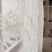 Set of 2 Panels White Lotus Floral Sheer Curtains Modern Semi Sheer Embroider...