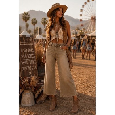 TNR Wide Leg Cropped Jeans Raw Hem Tan Western Boho Festival Coastal Cowgirl 29
