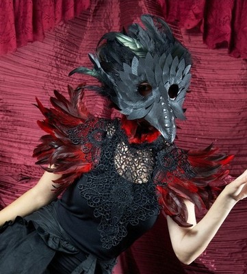 Red Raven Feather Lace Collar - Black Gothic Costume Accessory