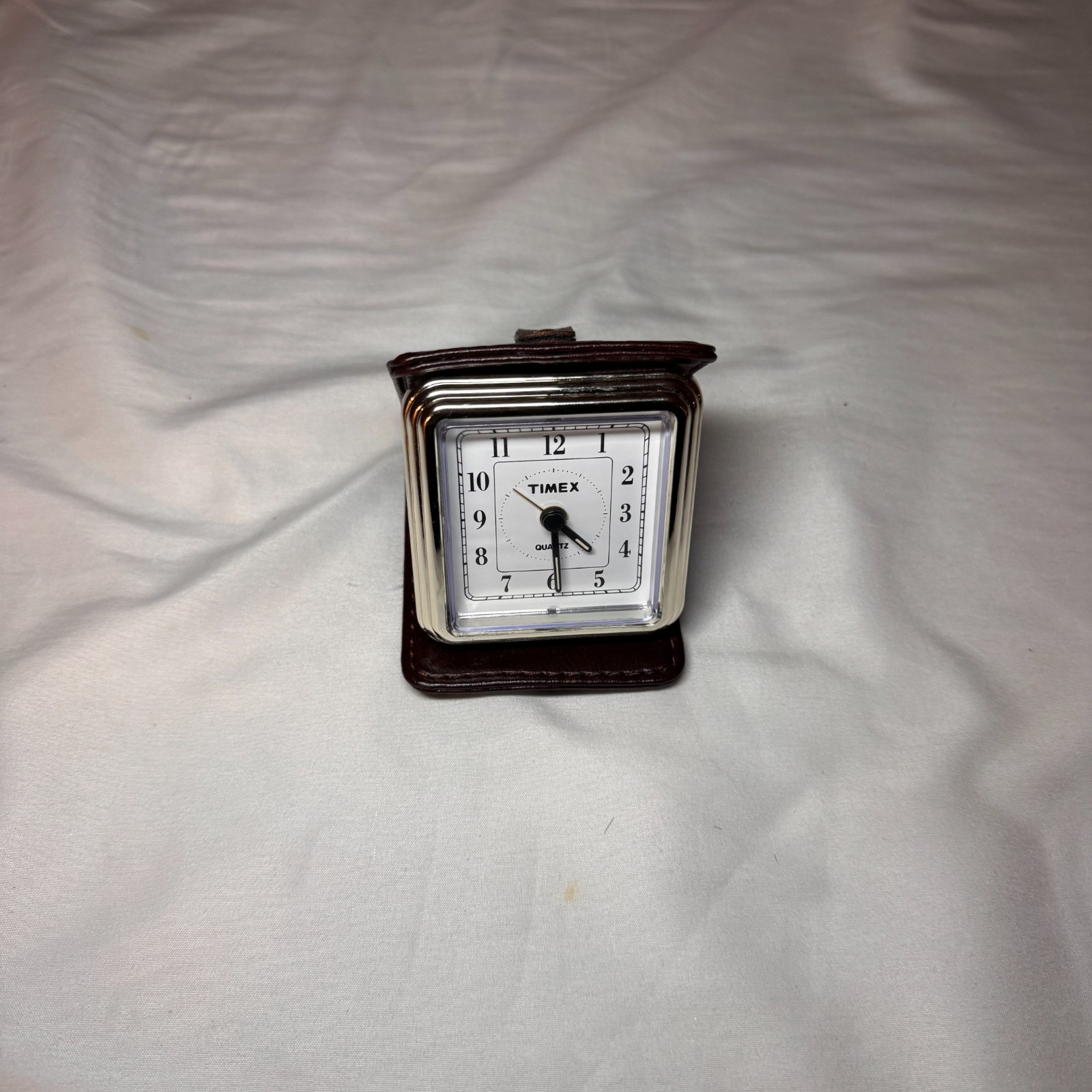 Vintage Timex Travel Alarm Clock Folding Brown Leather Case Analog Portable
