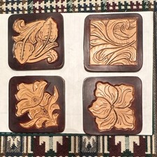 Handmade Embossed Leather Floral Square Coaster Set of 4 Brown Beige Vintage
