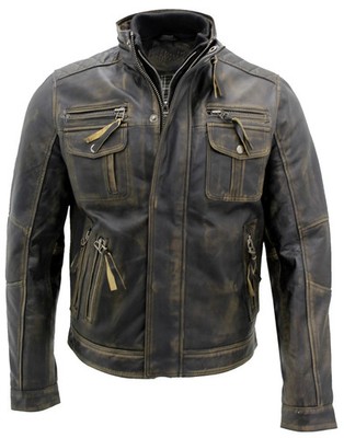 Herren Vintage Schwarz Warm Echt Leder Biker Jacke Retro Distressed Motorrad