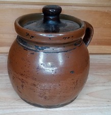 Antique 1900s Brown Stoneware Crock Jar w/ Li...