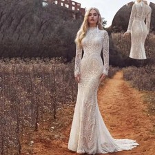 Mermaid Boho Beach Wedding Dresses Lace High Neck Floral Print Long Sleeves Gown