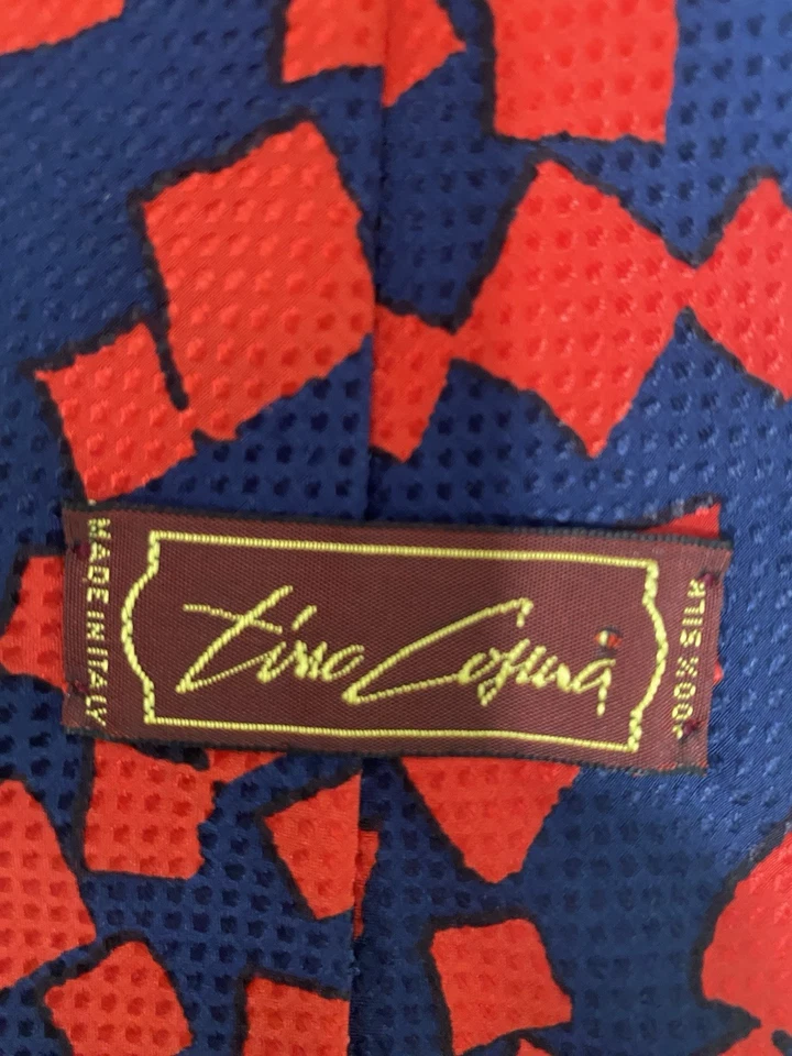 Corbata de seda vintage retro años 80 Tino Cosma para hombre hecha en Italia roja y azul geométrica Foto 4 de 4
