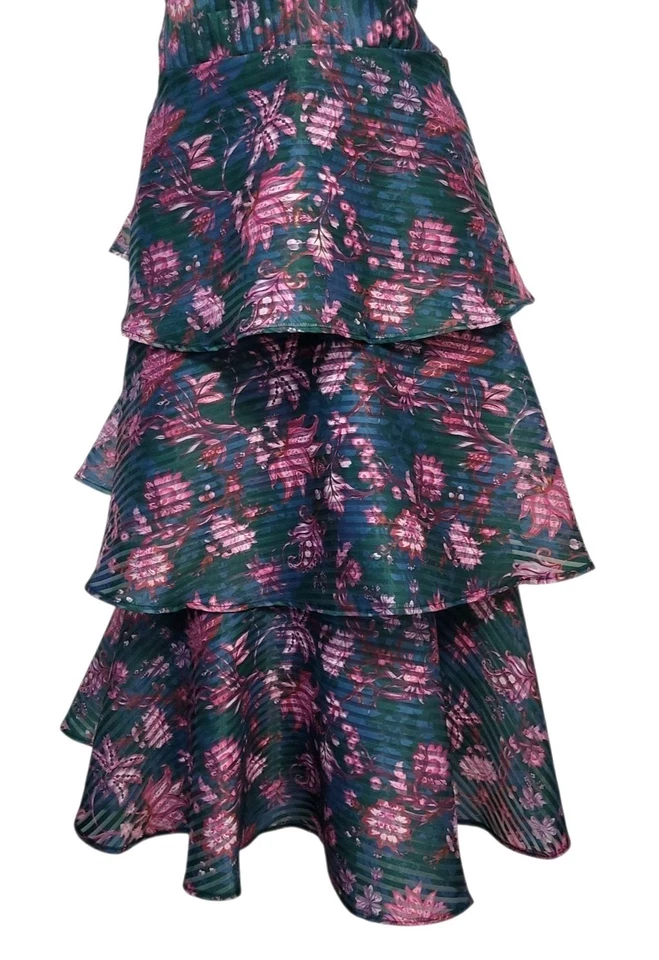 Vestido Marchesa Notte floral em camadas tamanho 10 azul rosa babado fit & flare midi novo com etiquetas - Imagem 4 de 4