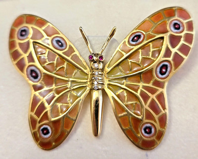 18K Gelbgold Plique-a-Jour große Schmetterling Rubin Augen Diamanten am Körper Brosche