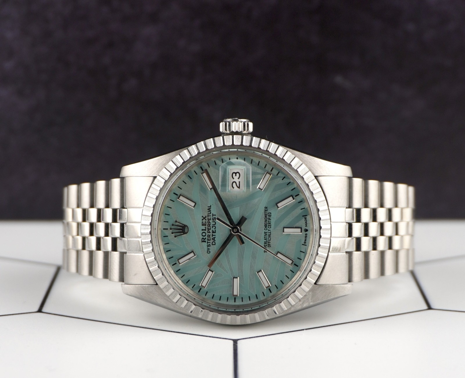 Rolex Orologio Datejust Acciaio 36Mm Cinturato Blu Motivo Palma 16030 foto 2