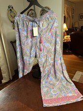Boho wide-leg palazzo pants multi-color paisley Pink Tassels L NWT Women