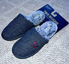 NWT Mens TRUE RELIGION Slip On Slippers Gray Herringbone Faux Fur Size S 7-8