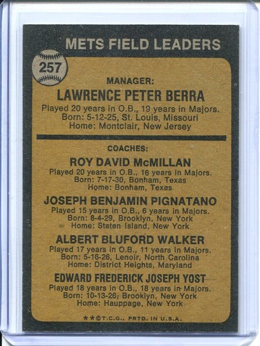 1973 Topps Baseball # 257 Mets MGR and Coaches (NM-MT) Near Mint to Mint - Picture 2 of 2