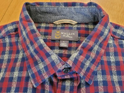 NICE WALLIN & Bros Cozy Cotton Flannel Plaid Shirt in Blue Gray Red Size L Large