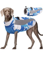 XL Dog Winter Jacket Reflective Zipper Dog Coat with Harness Windproof Blue